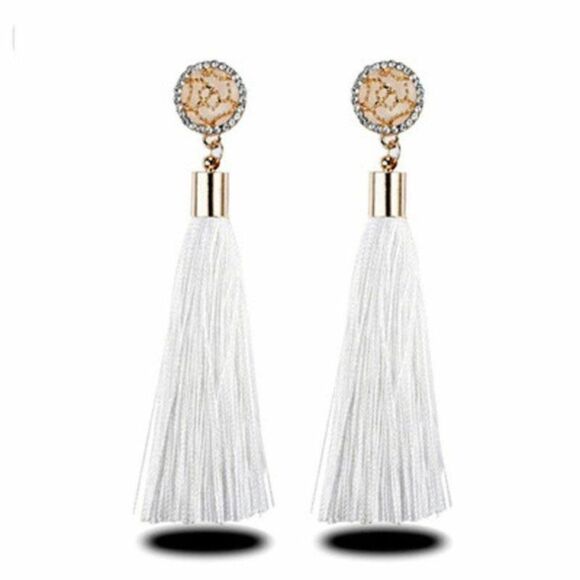 5/$25 White Tassel Fringe Rhinestone Earrings - Picture 1 of 6